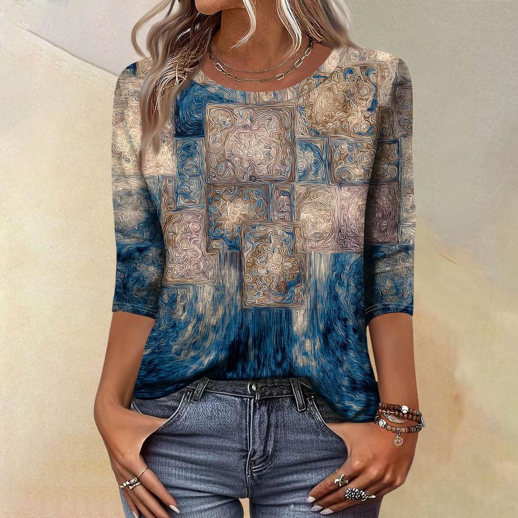 Модный винтажный топ с рукавом три четверти для женщин, женская повседневная блузка-футболка с круглым вырезом и принтом