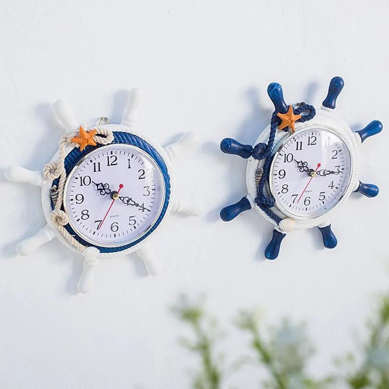 Модные средиземноморские настенные часы деревянные тихие морские декорации якорь штурвал корабля рыболовная сеть часы бар ферма дом