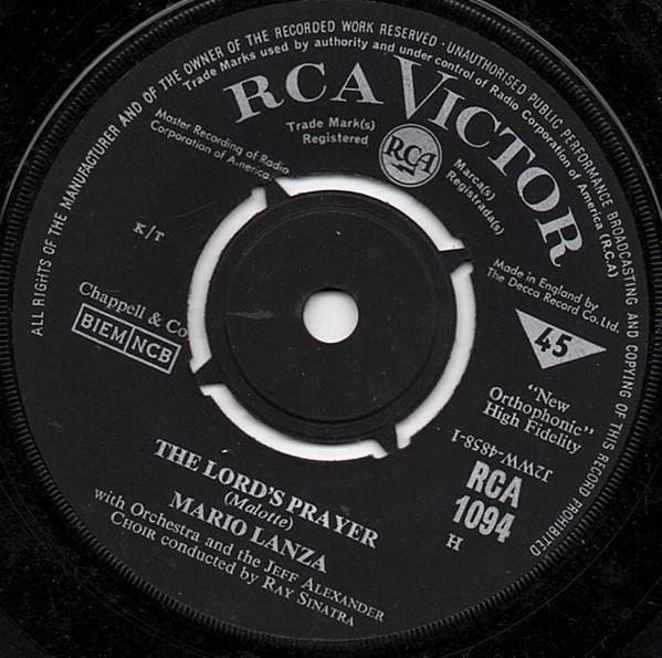 7inch Record MARIO LANZA, ORCHESTRA & JEFF ALEXA - The Lord's Prayer / I'll Walk With  RCA1094 RCA Victor UK Classical Used
