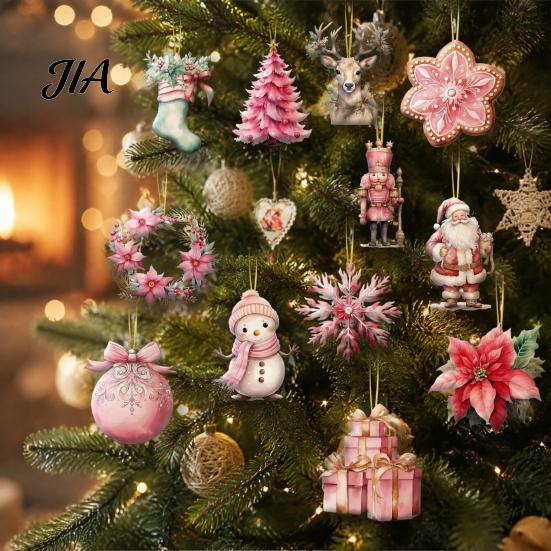 Pink Aesthetic Ornaments 12/24/36Pcs Christmas Wooden Set, Snowman Santa Hanging Tree Baubles Decors, Xtmas Hanigings with Ropes for Home Decor