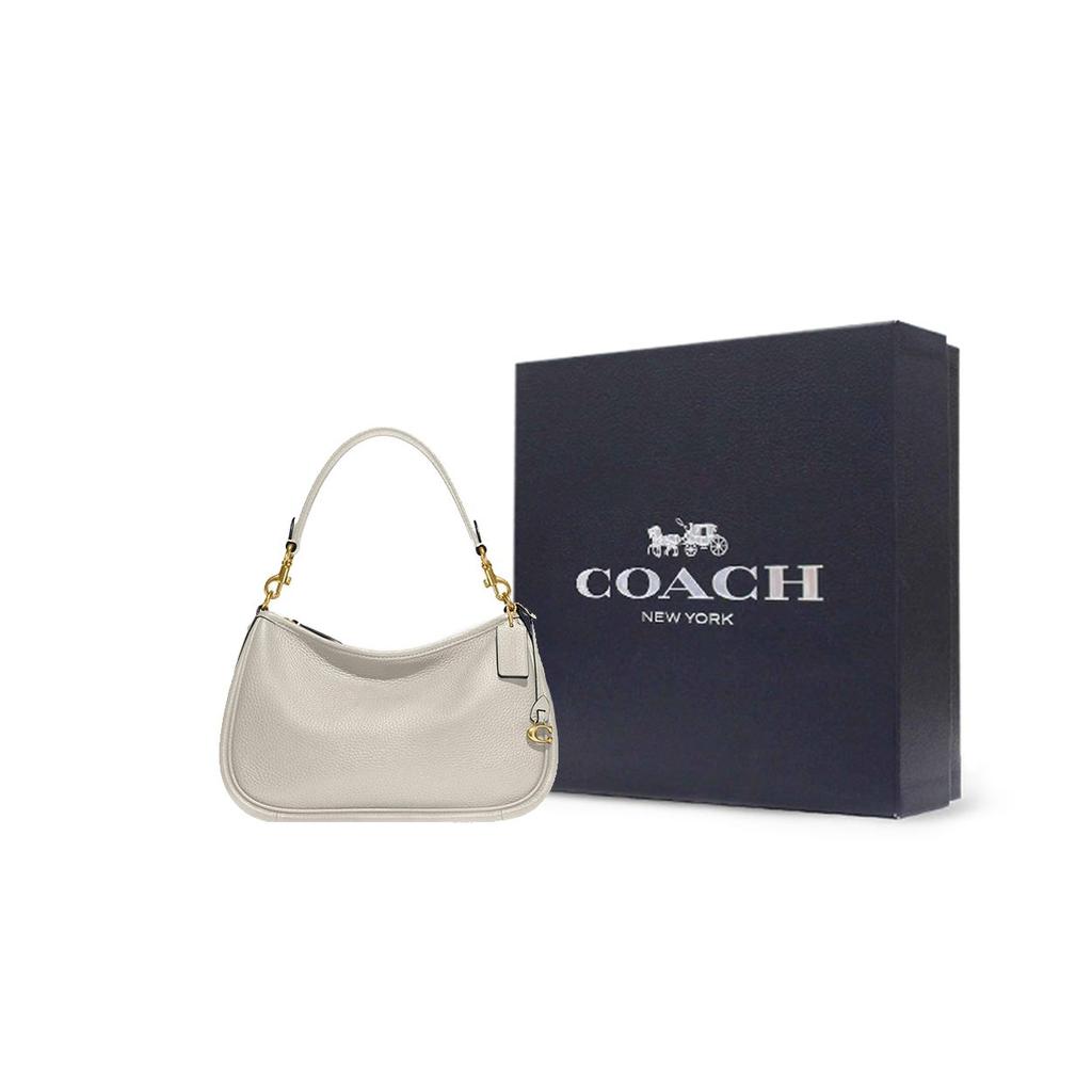 Coach Кэри 28 Однотонная Сумка на Плечо Crossbody с Молнией и Металлической Пряжкой, Классическим Логотипом C, Кожаной Текстурой 'Галька', Большая Женская Сумка, Белая CC437-B4HA