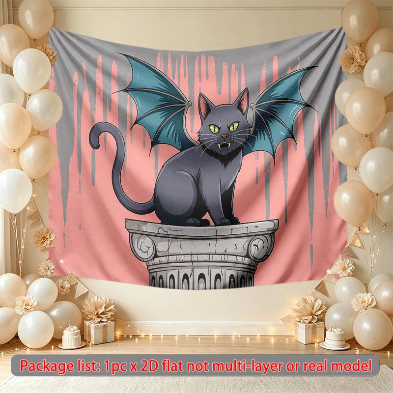 Cat Bat Dark Themed Halloween Photo Backdrop, Polyester Banner for Home Room Wall Decor