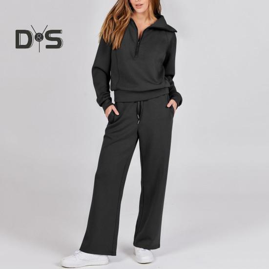 2Pcs/Set Women Solid Color Casual Outfit Lapel Zipper Neckline Long Sleeve Sweatshirt Elastic Waist Drawstring Wide Leg Pants Set