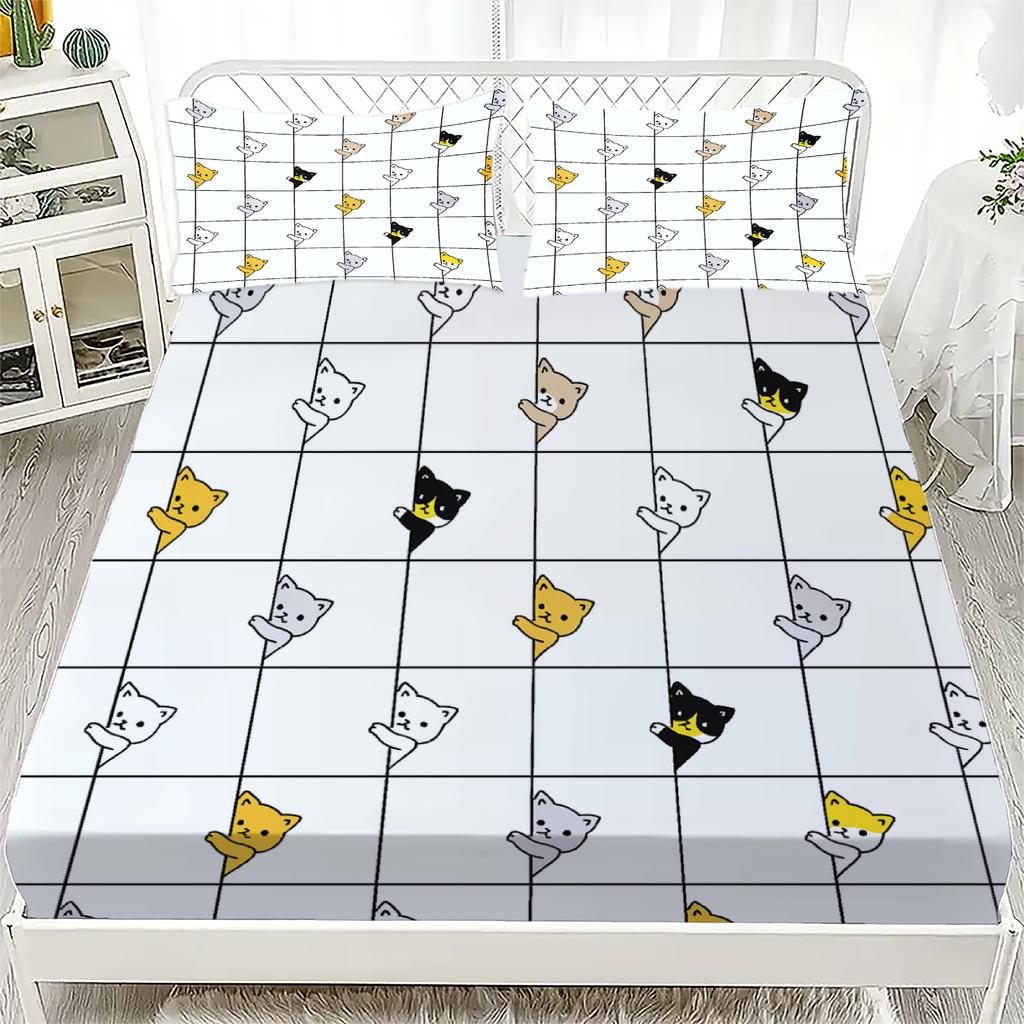 Набор из 3 предметов: Натяжная простыня с мультяшным принтом 'Розовые милые кошачьи лапки', 100% полиэстер, дышащий комплект постельного белья для домашнего декора, с 2 наволочками