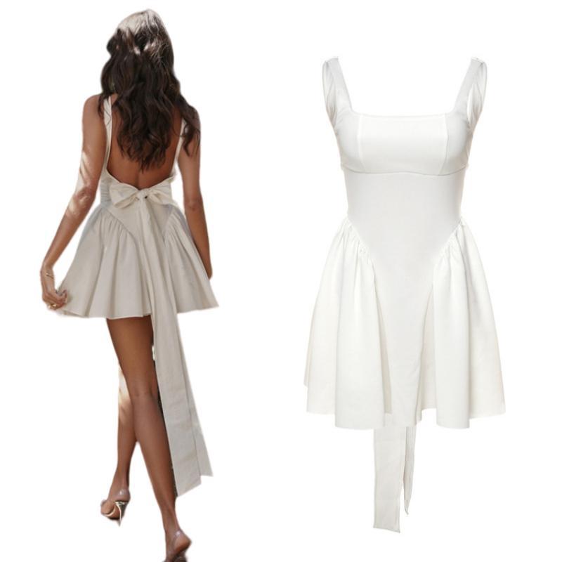 NEW Hot Fashion Sexy Backless Halter Strap Bow Sleeveless White A-line Dresses Mini Dress for Women Summer
