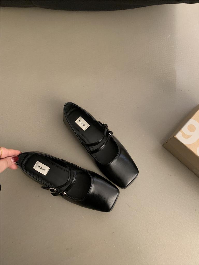 Flat Bottom Silver Square Head Mary Jane Shoes Women's Spring 2025 New Double Buckle with Light Mouth Single Shoes