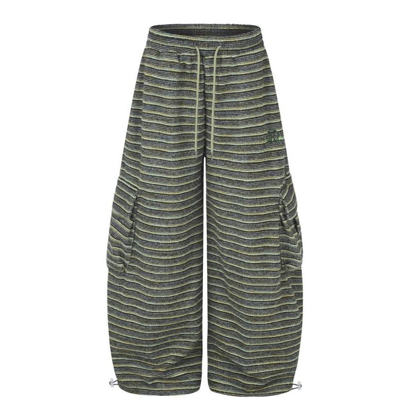 Mens Striped Cargo Pants Loose Wide Leg Casual Trousers Streetwear Style