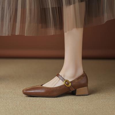 Модная женская обувь Туфли Натуральная кожа Ремешок с пряжкой Толстый средний каблук Обувь Ин Весна 2025 Весна Новинка Винтаж Офисное платье Размер 34-40