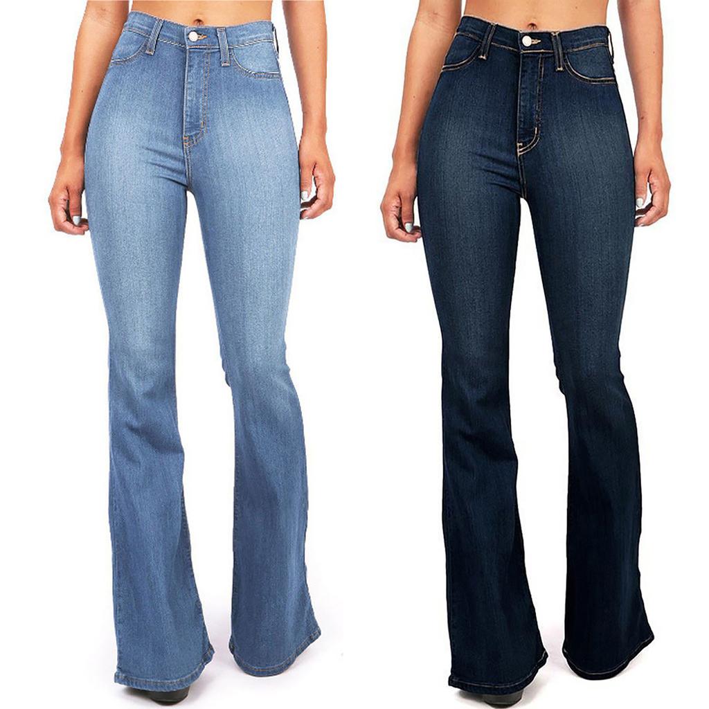 Women's High Waist Pocket Wide Leg Jeans Flared Skinny Button Trousers