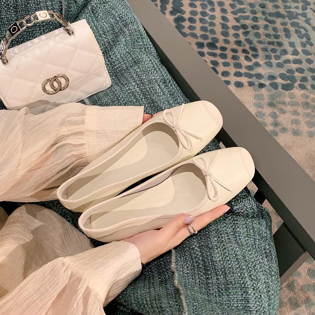 Silk _ Lambskin French Square Head Bow Flat Bottom One Pedal Showing Feet Small Shallow Mouth Ballet Shoes Single Shoes Women