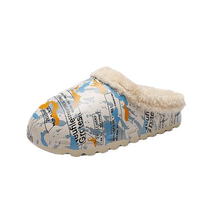 Большого размера тапочки из ЭВА и хлопка Зимние Новые Мужские Домашние Теплые Толстая Подошва Хлопковые Тапочки с Граффити