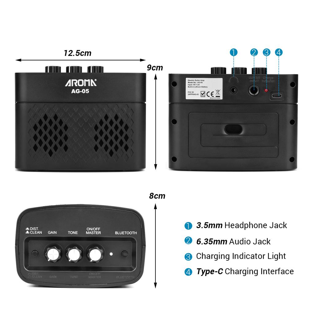 AROMA AG-05 Bluetooth-усилитель для электрогитары, 5-ваттный стереовыход, усиление тона с искажениями