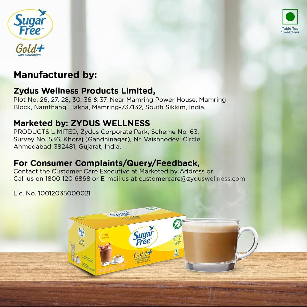 Sugar Free Gold Sweetener Sachets 100 | Low Calorie Sugar Substitute for Beverages & Desserts | Pack of 2