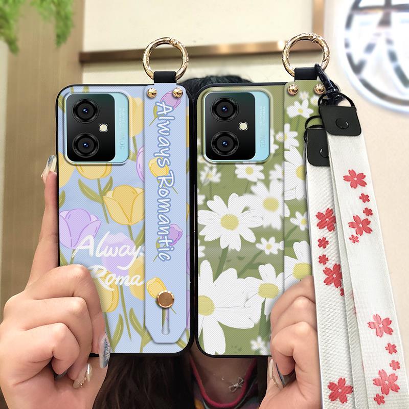 Silicone Flower Phone Case For Blackview Oscal C70 Kickstand Waterproof Dirt-resistant Shockproof Wrist Strap Durable