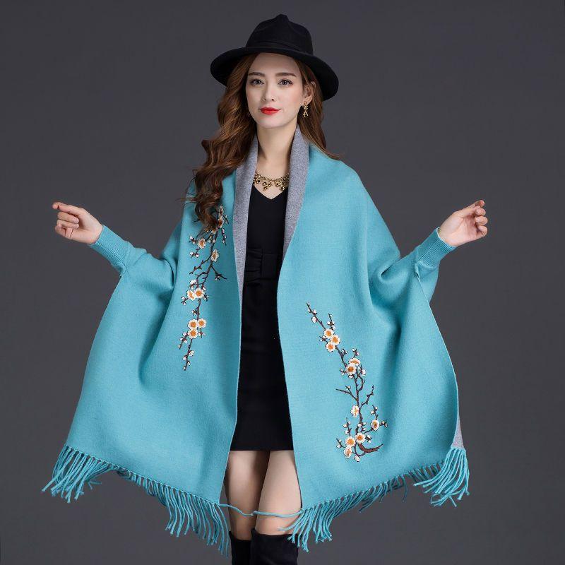 Новый женский кардиган-свитер осень-зима с вышивкой сливы с рукавами и кисточками, накидка, вязаный кардиган, женское пальто