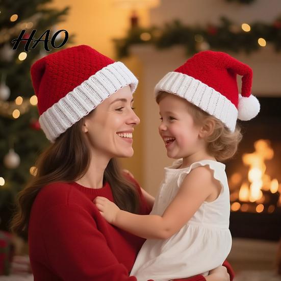 Soft Woolen Winter Caps for Outdoor Parties Santa Hat, Red Knitted Christmas Hat Kids Adults, Waxy Adults Xmas Party with White Pompom Holiday