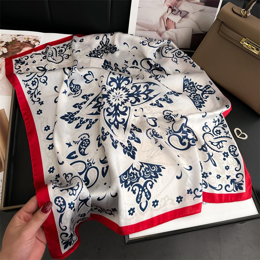 Imitated Silk Headcloth Fashion Flower Print Square Shawls Popular 70X70cm Bandanna Kerchief Sun Protection Silk Scarves Tie Bag