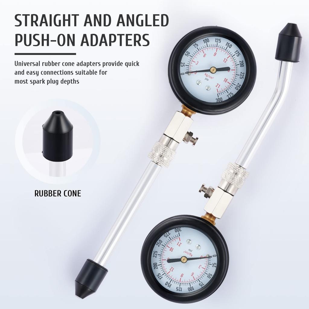 Engine Compression Meter with M10 M12 M14 M18 Adapter 0-300 PSI Pressure Gauge Automotive Cylinder Tester Kit