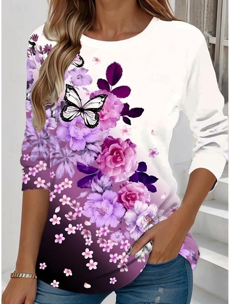 Women's Floral Graphic Elegant Round Neck Long Sleeve T-Shirts
