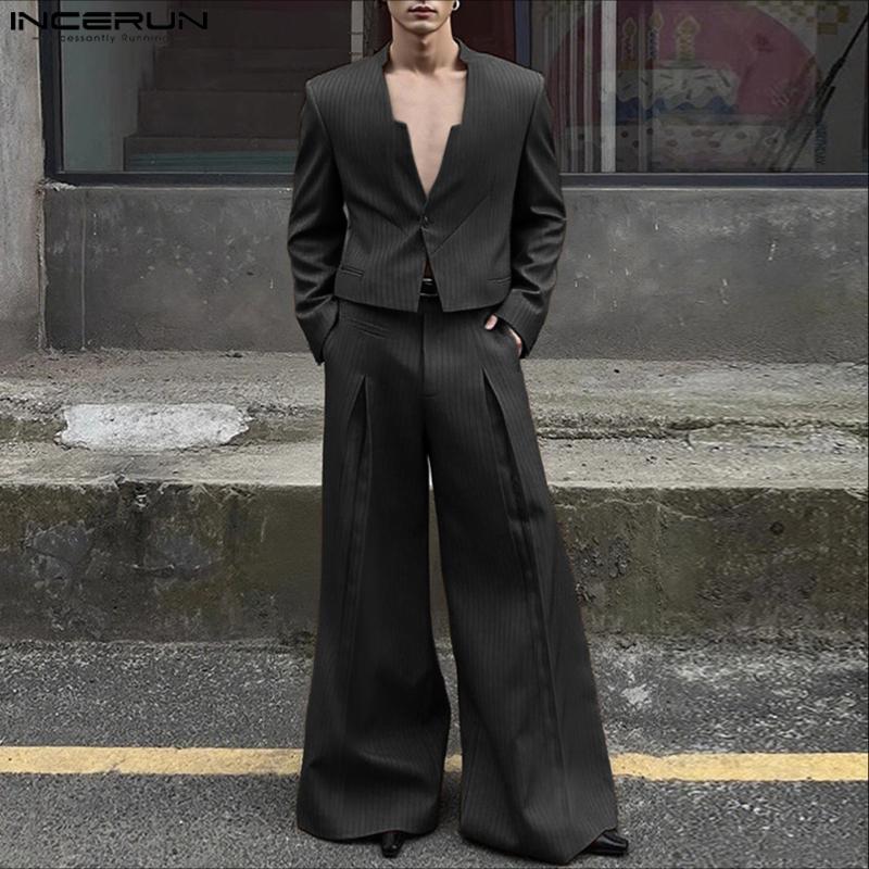 INCERUN Men Striped Sets Cutout Cropped Tops and Long Pants Trousers Casual Suits