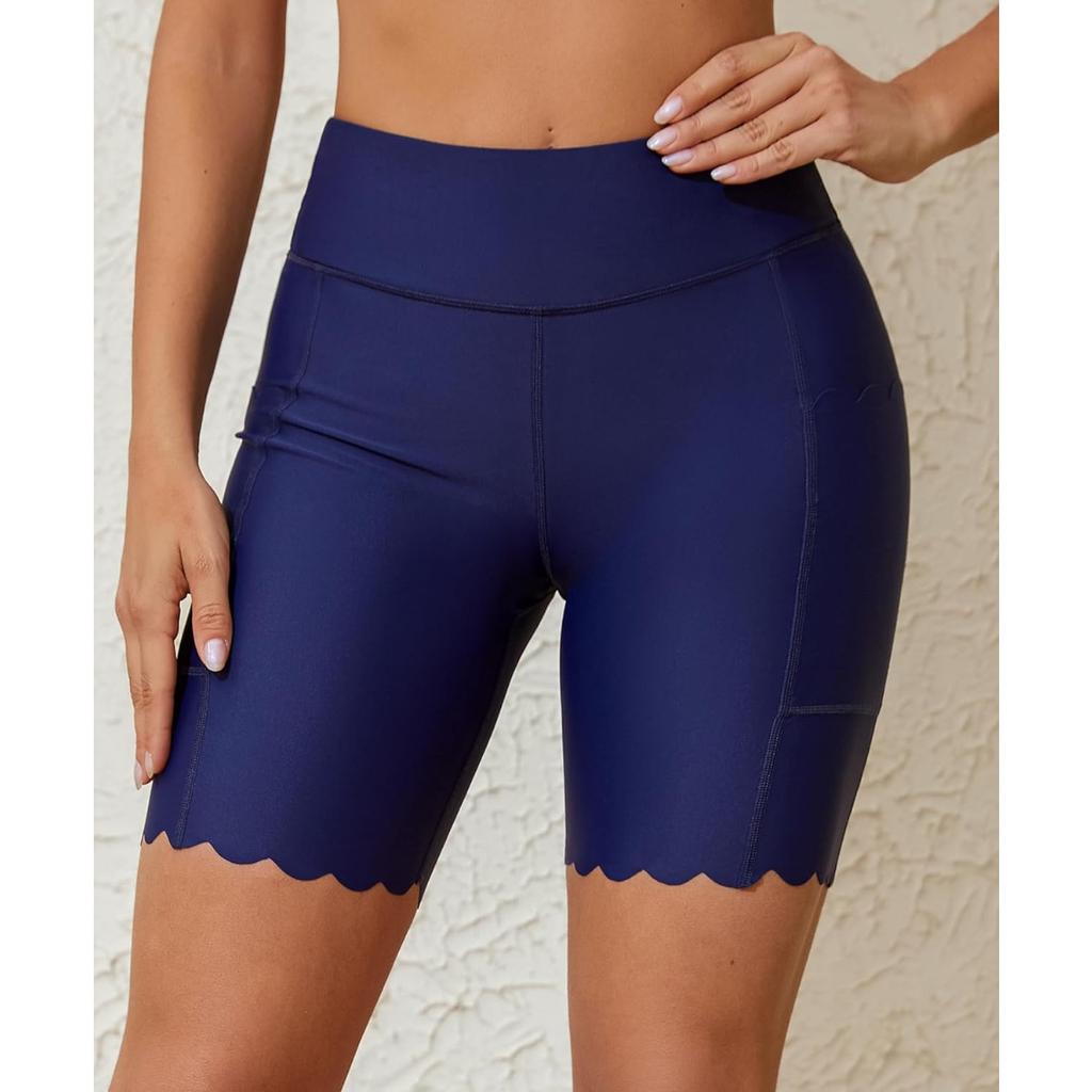 CHARMLEAKS Women's High Waisted Swim Shorts with Pockets Plus Size Bathing Suit Bottoms Long Board Shorts