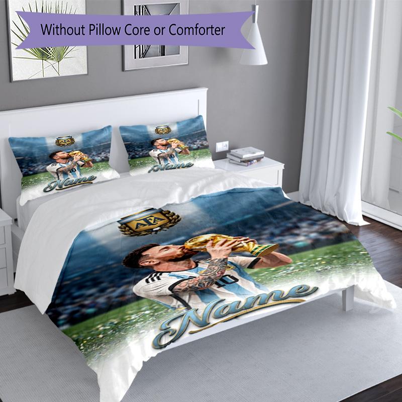Messi Kisses World Cup Personalized Name Bedding Set,Light Bed Linen for Dorm Home Decoration,Perfect Festival Gift for Boys,Fade Resistant Duvet Cove