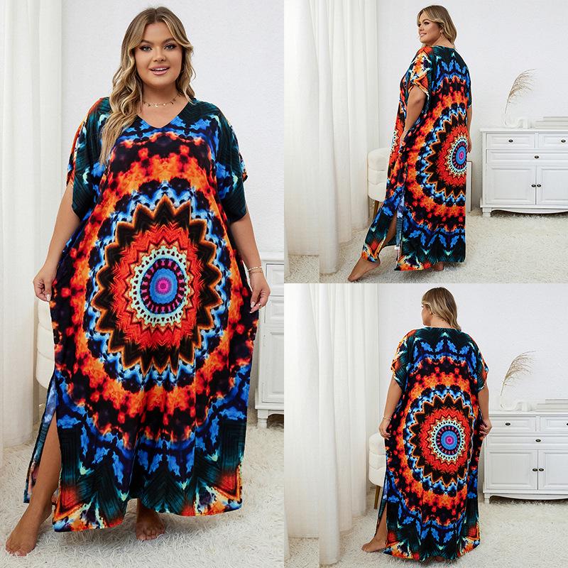 European-American Rayon Print Plus Size Beach Cover-Up Dress & Long Robe