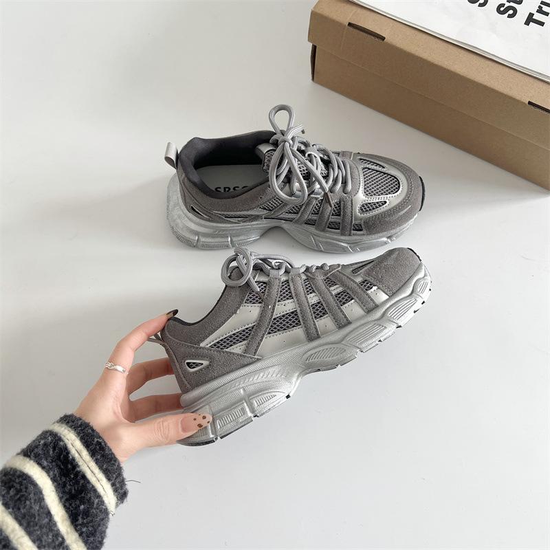 Серые универсальные туфли для папы на маленькой платформе, женские, новинка 2025 года, легкие, увеличивающие рост, повседневные спортивные туфли