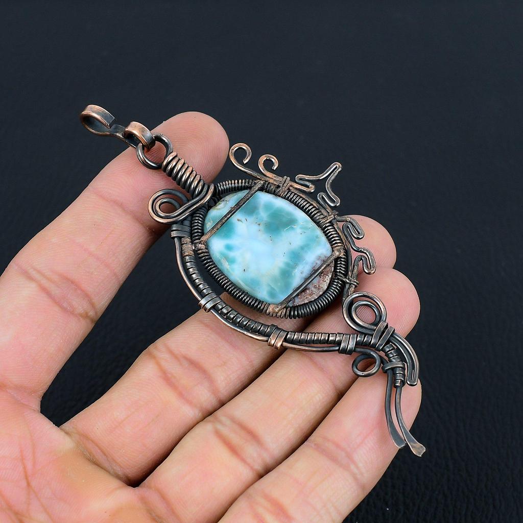 Amazing Larimar Gemstone Copper Wire Wrap Handmade Jewelry Pendant For Her