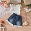 Летний комплект для девочек: топ без рукавов с оборками и джинсовые шорты