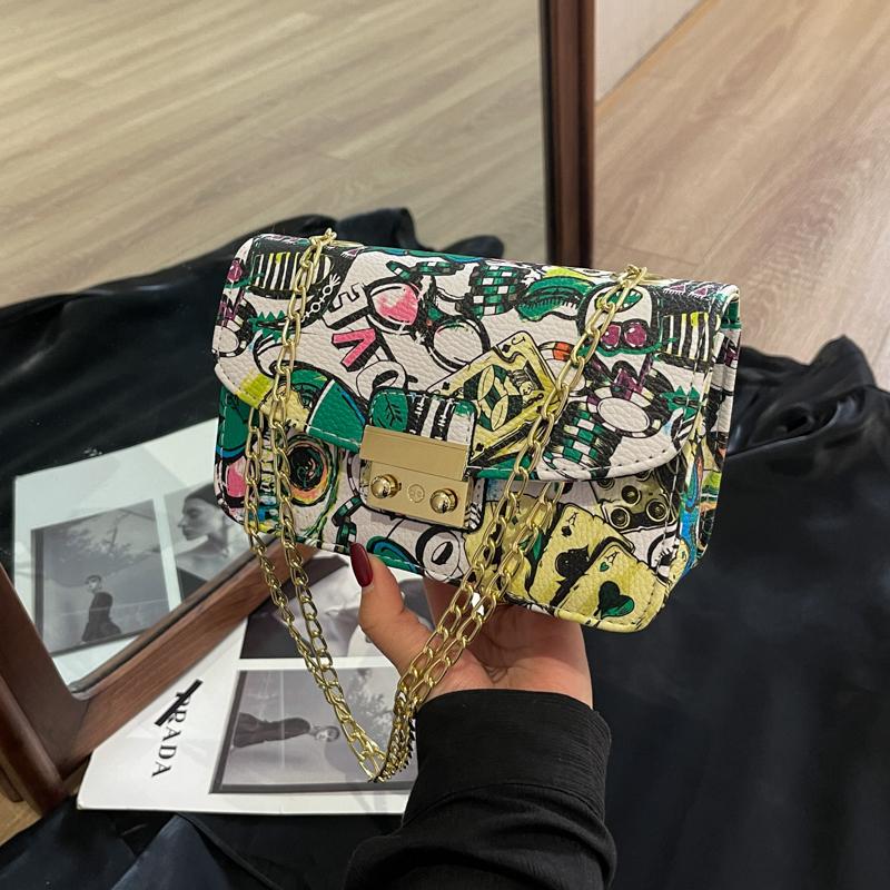 Женская мода Граффити Маленькая сумка 2024 Лето Дамы Клапан Телефон Вечерний Клатч Кошелек Сумки Через Плечо Для Женщин Цепи Сумки На Плечо
