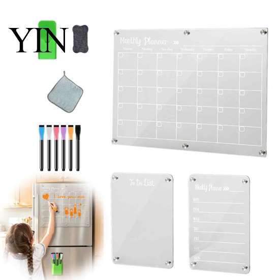 Acrylic Menu List for Kitchen 3 Pcs Magnetic Dry Erase Board Fridge, Clear Monthly Weekly Planner Whiteboard, to Do Notepad Memo White with 7 Markers