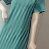 Women Casual Striped Middle Dress Short Sleeve Loose Round Neck Summer Lightweight Comfortable Office Beach Dress