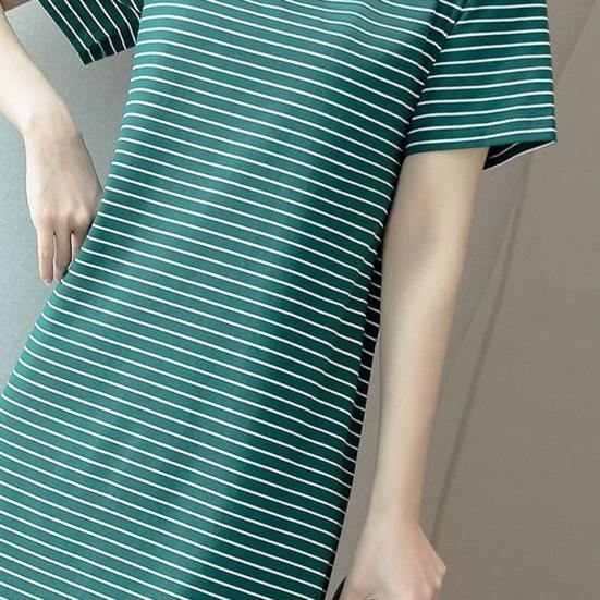 Women Casual Striped Middle Dress Short Sleeve Loose Round Neck Summer Lightweight Comfortable Office Beach Dress