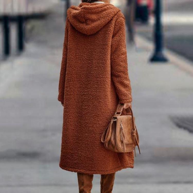 Warm Winter Coat for Women Thick Woolen Mid Calf Overcoat with Hooded Hat Long Sleeve Solid Color Outdoor Lady Jacket