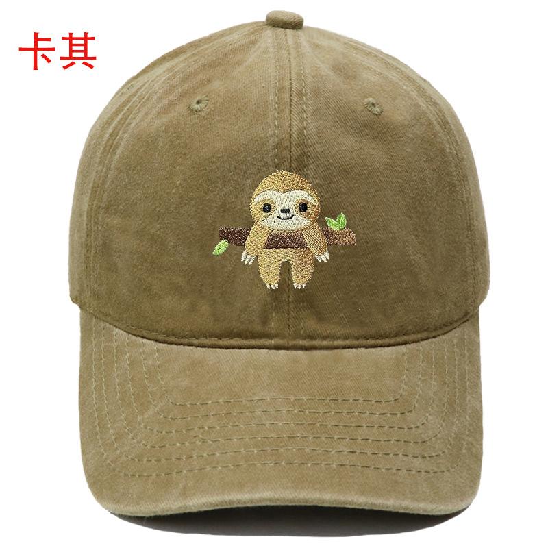 Popular cute sloth embroidered baseball cap animal washed retro men's and women's casual outdoor sun hat