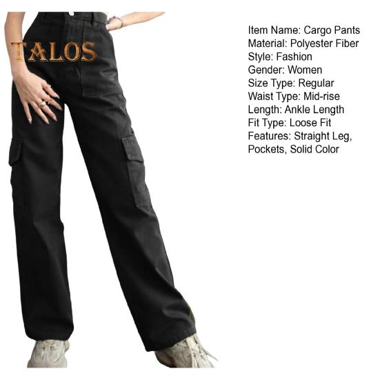 Женские брюки-карго со средней посадкой, застегивающиеся на молнию на талии, повседневные брюки с множеством карманов, прямые, свободные, однотонные длинные брюки
