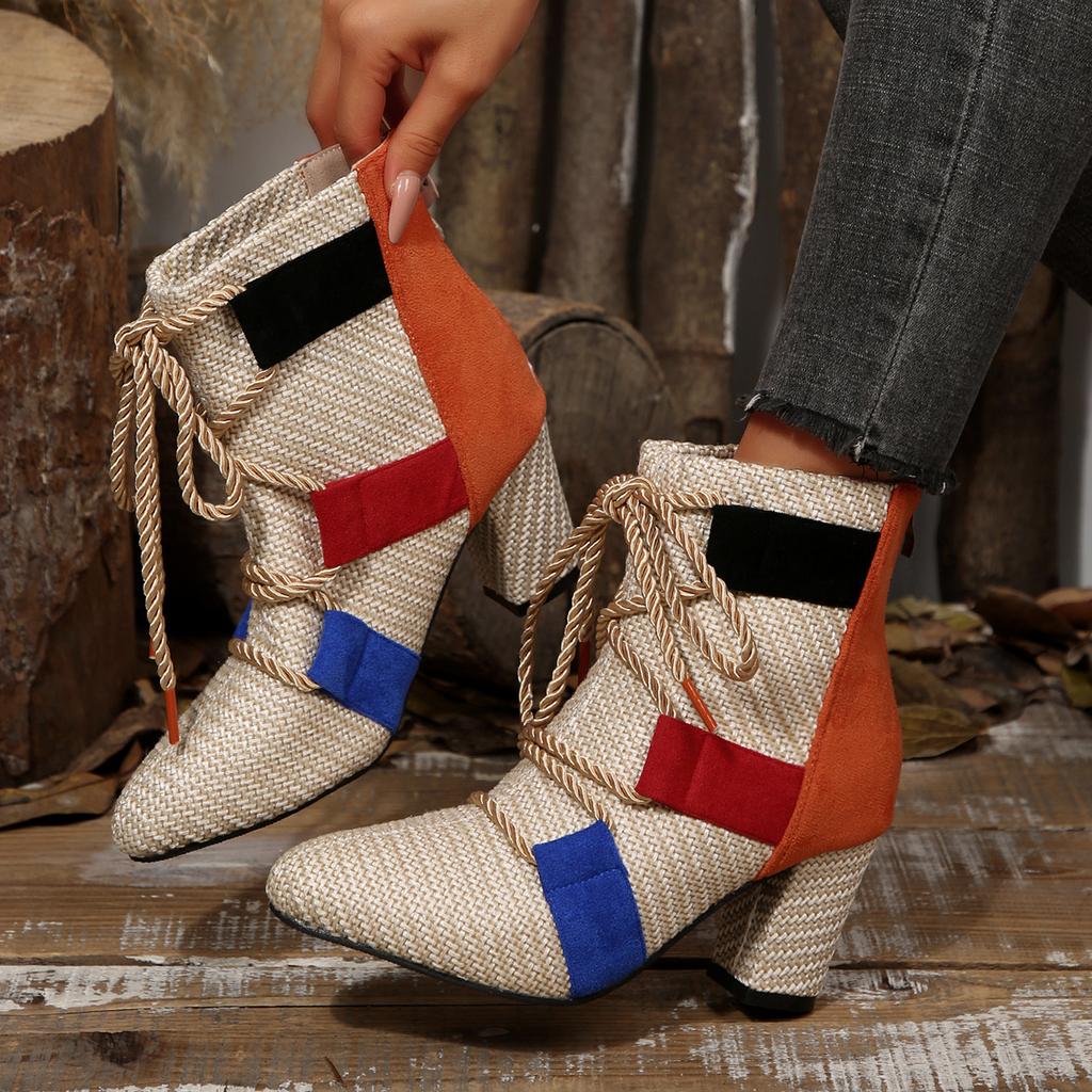 Fashion Women High Heels Boots 2025 New Fashion Trend Chunky Heels Shoes Women Designer Weave Ankle Sexy Open Toe Ankle Boots Female