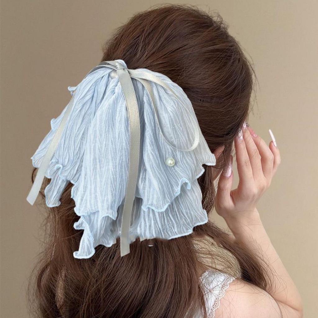 Large Summer Lace Edge Bow Claw Clip Hair Accessory for Women - Multi-Layer Feather Design