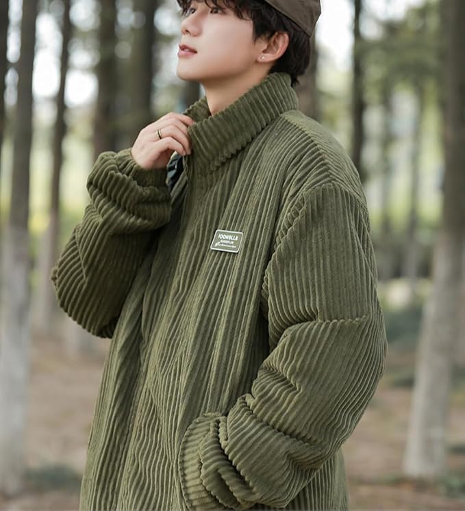 Poperdision Winter Corduroy Plus Loose Solid Stylish Outerwear for and Simple Fashionable Army Green Men's Jacket, Size, Fit, Color, Padded, Thick,