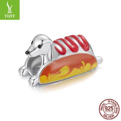 Серебро 925 пробы Хот-дог Такса Собака Бусины, Игривый Веселый Щенок Аксессуары Шарм