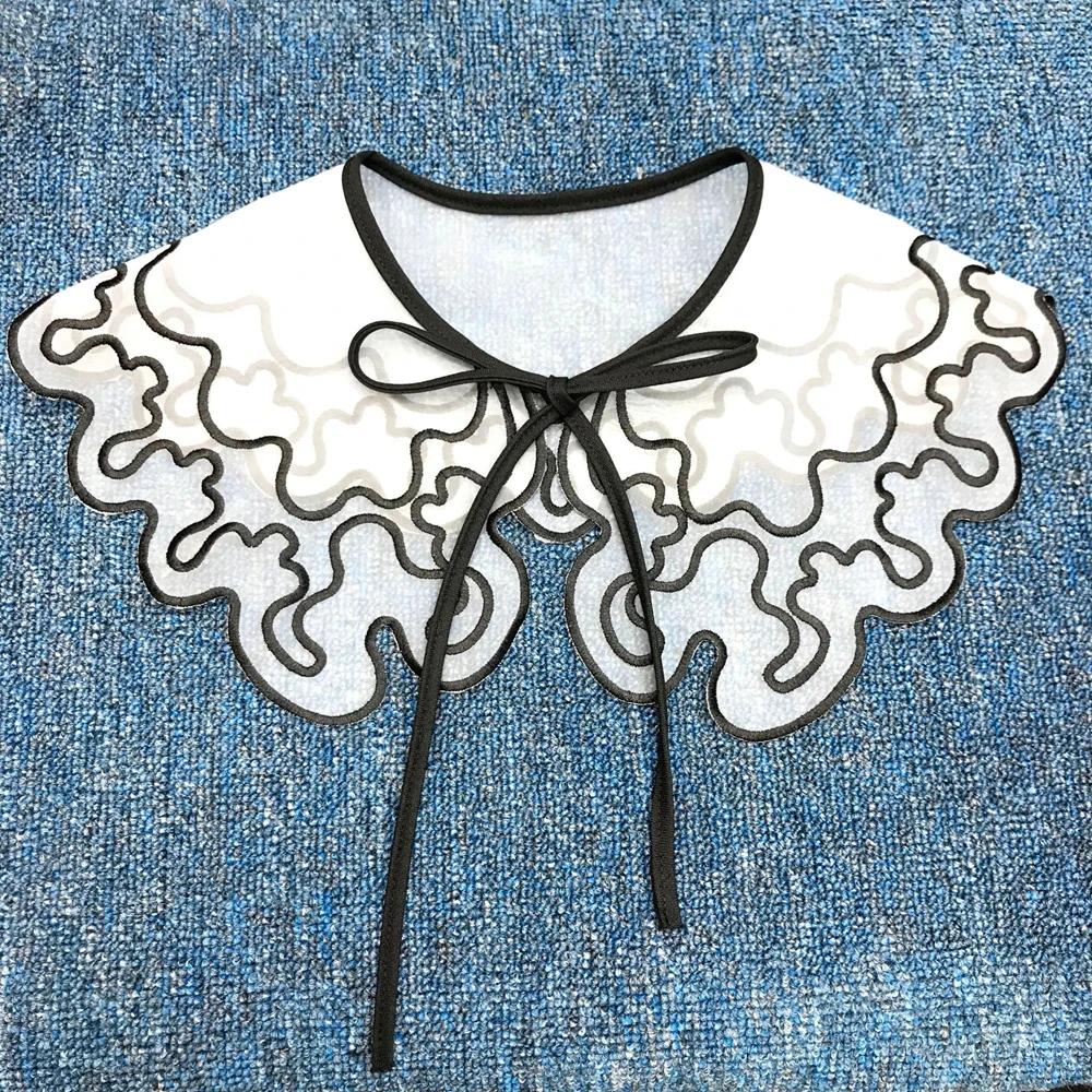 Women Girls Chiffon Lace Fake False Collar Decorative Double Layer Ruffles Embroidery Choker Blouse Shawl Bowtie