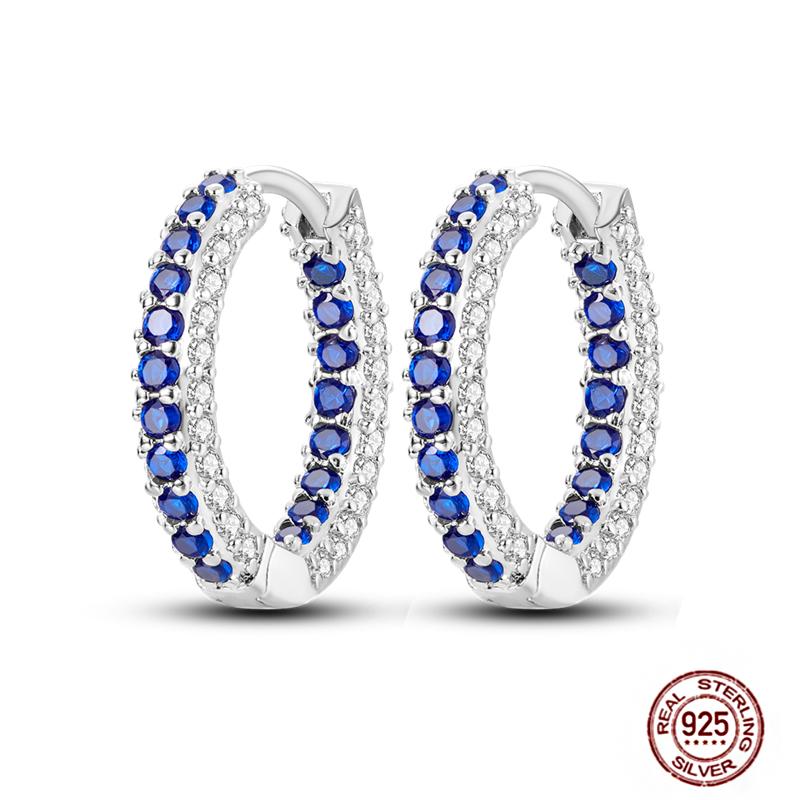 Sparkling Women Hoop Earrings 925 Copper Heart Shape Star Moon Round Blue Zircon Fit Origina Drop Earrings Zircon Holiday Gifts