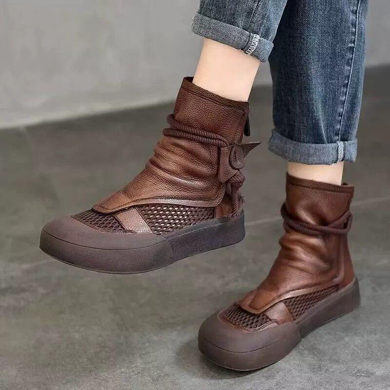 Ретро-ботинки Hollow Out Cool для женщин, толстая подошва, настоящая мягкая кожа, повседневная губчатая подошва, закрытый носок, короткие сетчатые ботинки