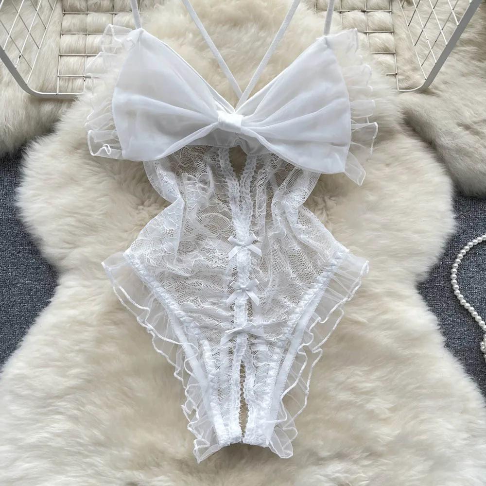 See-through Sexy Camisole Bodysuits Women Big Bow Hollow Out Open Crotch Skinny Playsuit Lace Rompers Backless Solid Sleeveless