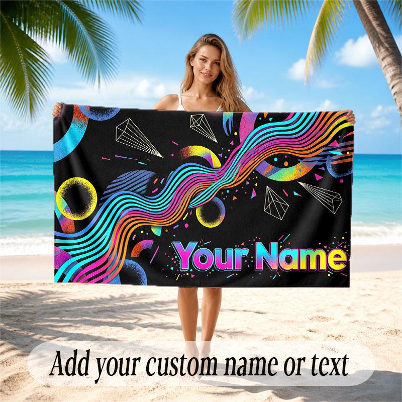 Abstract Geometric Theme Soft Beach Towel Personalized Custom Name Text Towel Portable for Beach Pool Travel