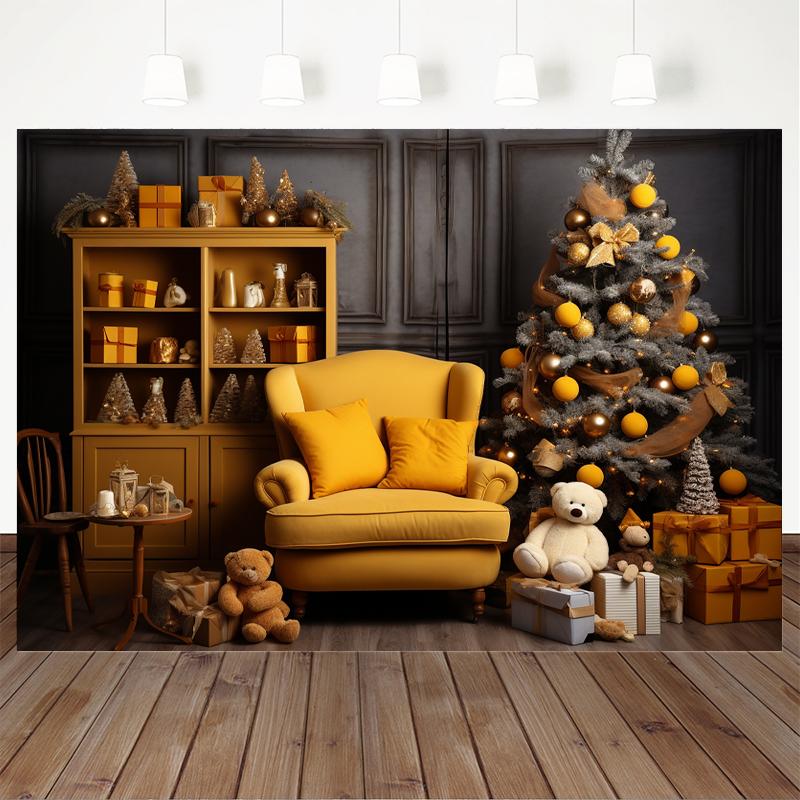 Mocsicka Christmas Home Background Photography Xmas Tree Gifts Bear Bookshelf Yellow Sofa Decorations Baby Photo Studio 144