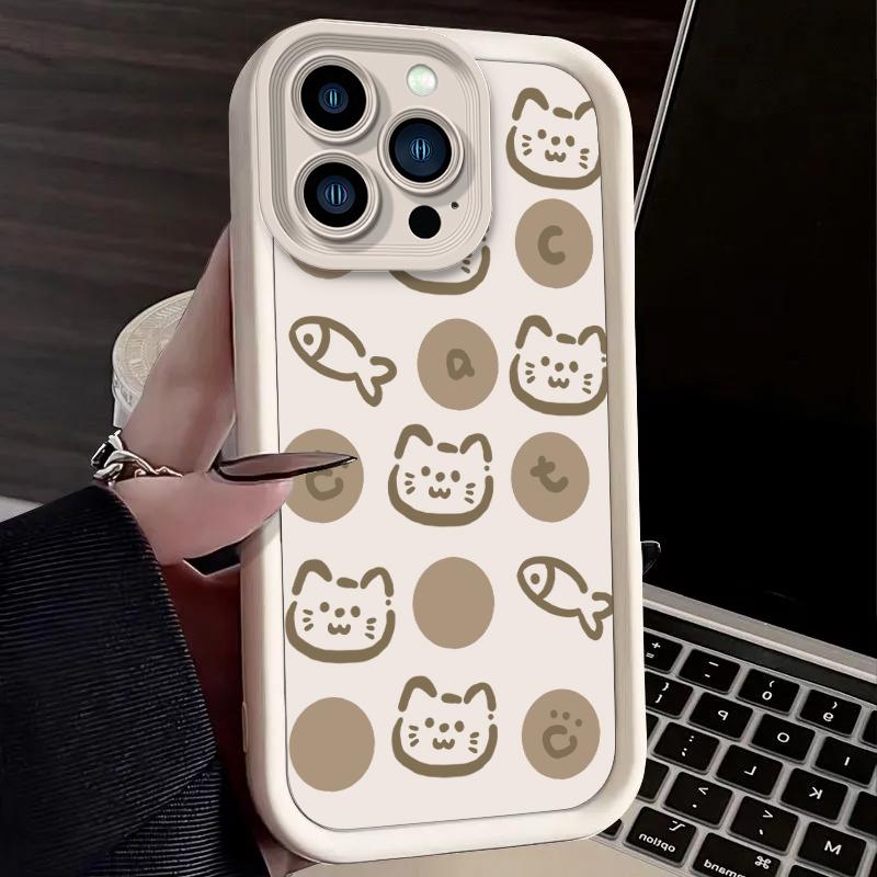 Корейский Инста-стиль Милый Кот Рыба Однотонный Чехол для Телефона для iPhone 17 Air 16 E 15 14 Plus 13 12 Mini 11 Pro Max Жидкий Силиконовый Чехол