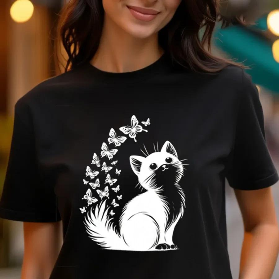 Black And White Caprint Crewneck Short Sleeve Unisex Tee Casual Unique Design Summer Graphic Versatile High Quality Top