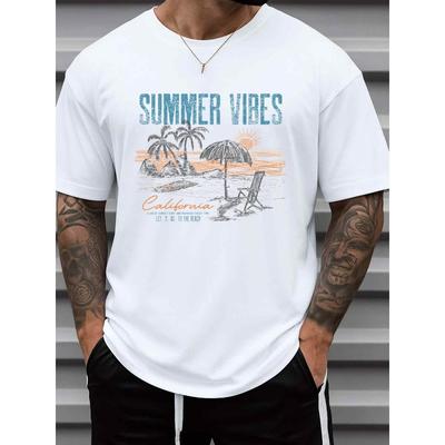 Европейские размеры Футболка SummerVibesTee City | Белая, Модный принт, Удобный свободный крой, Круглый вырез